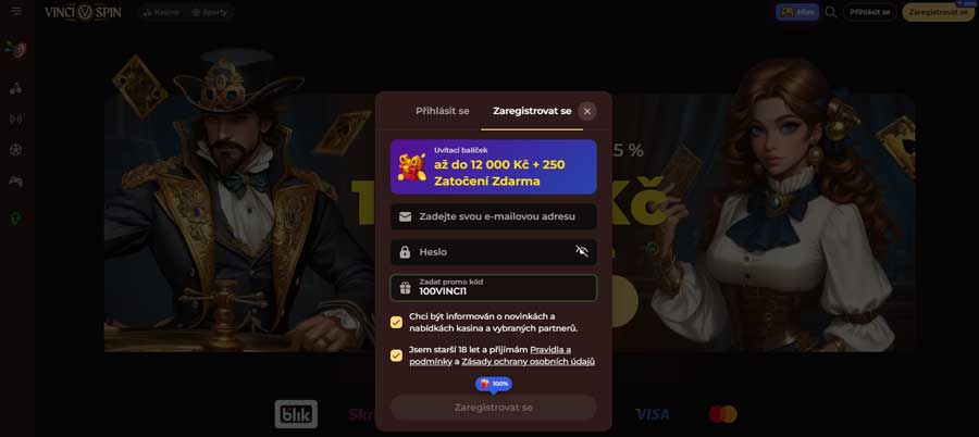Bonus 100 Free Spins bez vkladu ve VinciSpin Casino